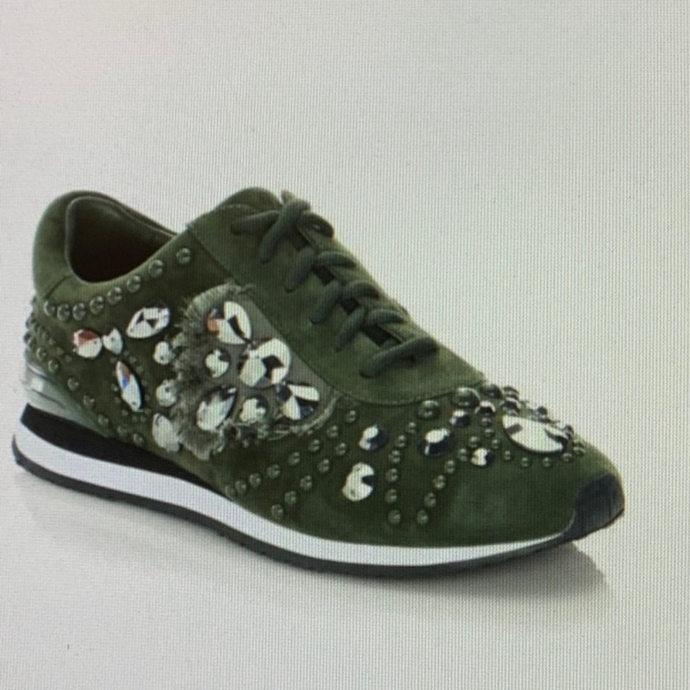 Tory Burch Boxwood/Hematite Scarlett Runner Suede/Embellishment Sneakers $348 🔥